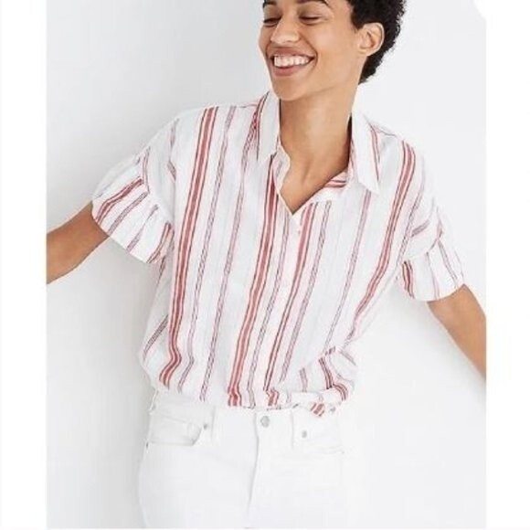 Madewell Central Ruffle-Sleeve Button Down Shirt in Carey Stripe Size XXS - Picture 1 of 8